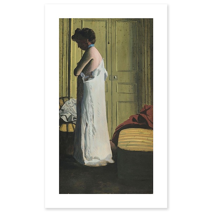Nude in an interior, woman taking off her shirt (art prints)