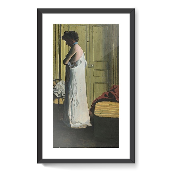 Nude in an interior, woman taking off her shirt (framed art prints)