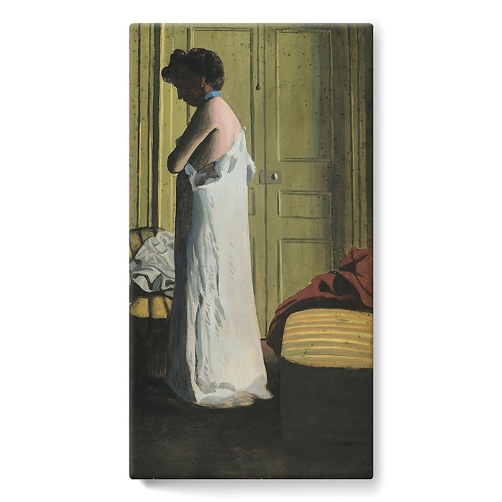 Nude in an interior, woman taking off her shirt (stretched canvas