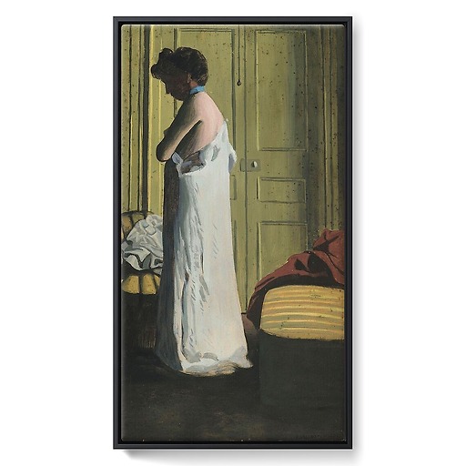 Nude in an interior, woman taking off her shirt (framed canvas)