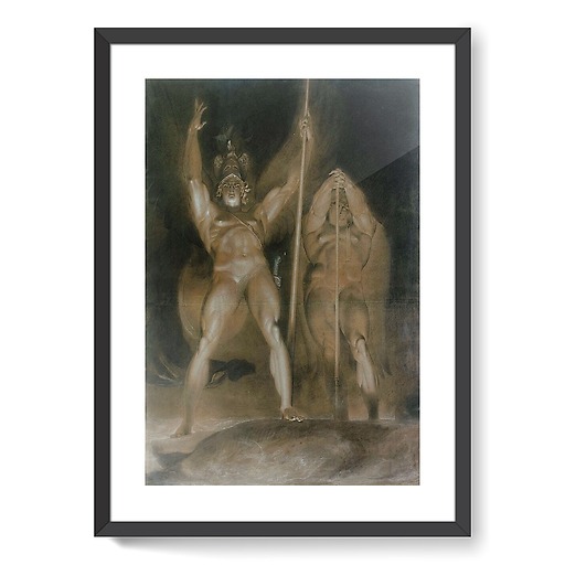 Satan and Beelzebub standing, from the front, overlooking the flaming clouds (framed art prints)