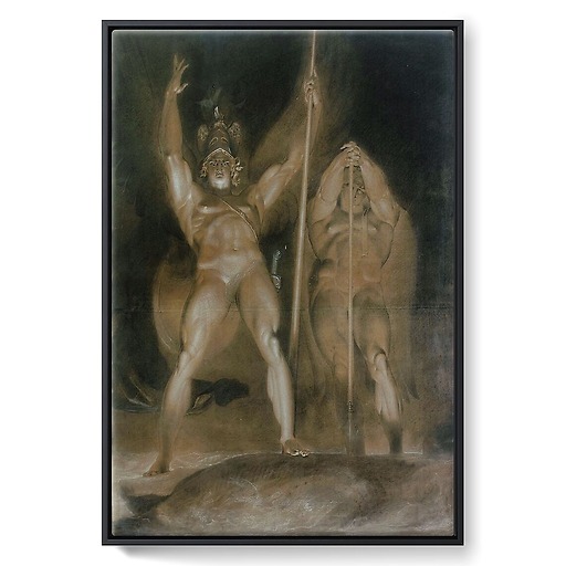 Satan and Beelzebub standing, from the front, overlooking the flaming clouds (framed canvas)