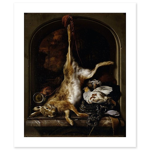 Game and hunting utensils arranged on a window sill (art prints)