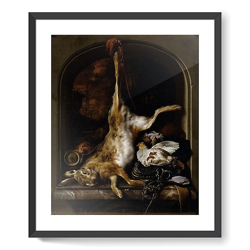 Game and hunting utensils arranged on a window sill (framed art prints)