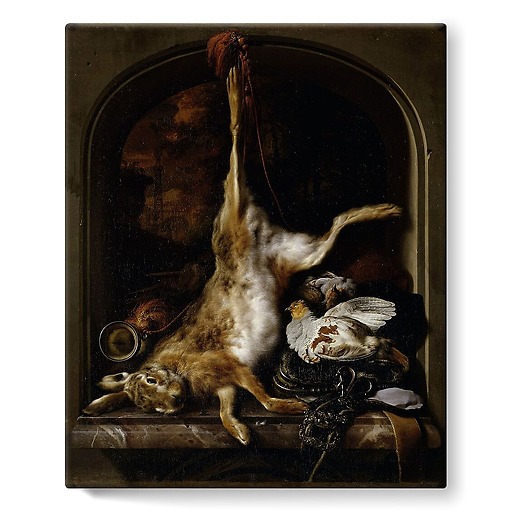 Game and hunting utensils arranged on a window sill (stretched canvas)