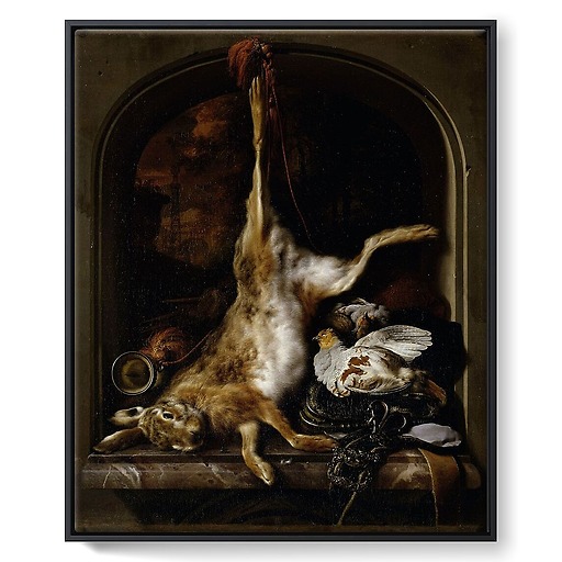 Game and hunting utensils arranged on a window sill (framed canvas)