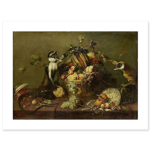 Two monkeys looting a fruit basket (art prints)