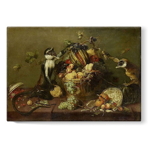 Two monkeys looting a fruit basket (stretched canvas)