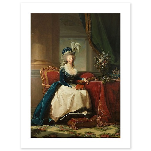 Reine Marie-Antoinette assise, en manteau bleu et robe blanche, tenant un livre à la main (toiles sans cadre)