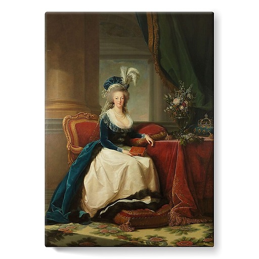 Reine Marie-Antoinette assise, en manteau bleu et robe blanche, tenant un livre à la main (toiles sur châssis)