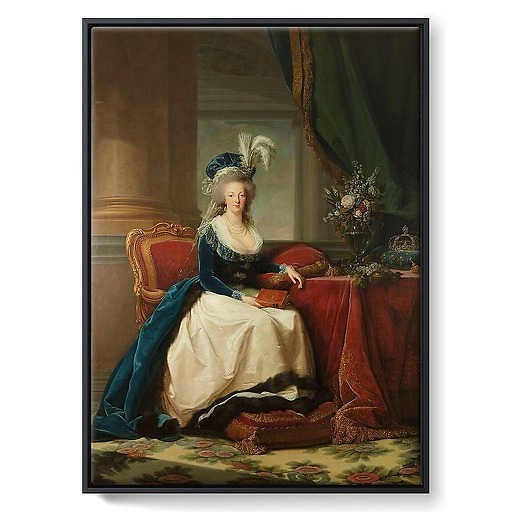 Queen Marie-Antoinette sitting, in a blue coat and white dress, holding a book in her hand (framed canvas)