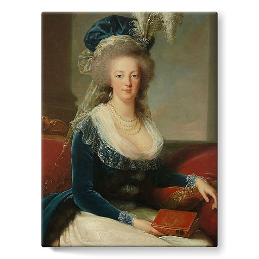 Reine Marie-Antoinette assise, en manteau bleu et robe blanche, tenant un livre à la main (toiles sur châssis)