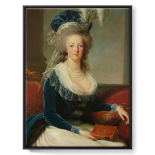 Queen Marie-Antoinette sitting, in a blue coat and white dress, holding a book in her hand (framed canvas)