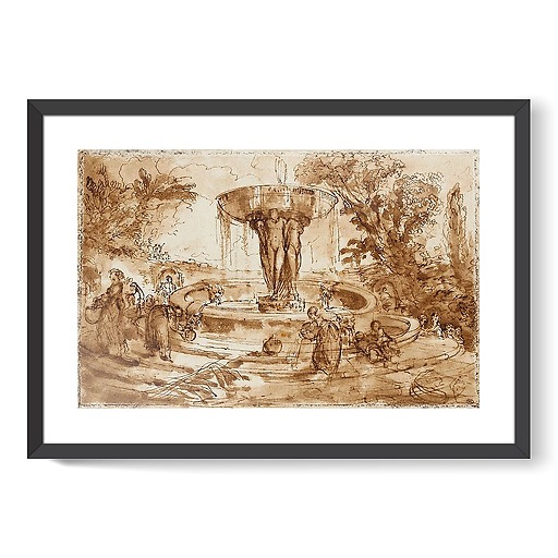 Women and children near a fountain, decorated with a basin (framed art prints)
