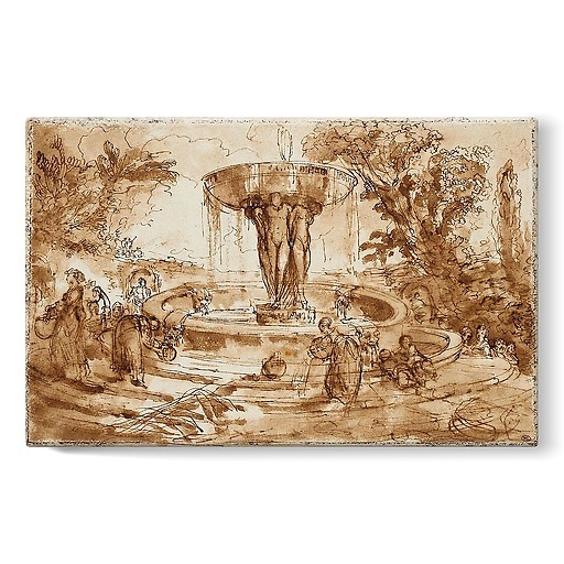 Femmes et enfants prês d'une fontaine, ornée d'une vasque (toiles sur châssis)
