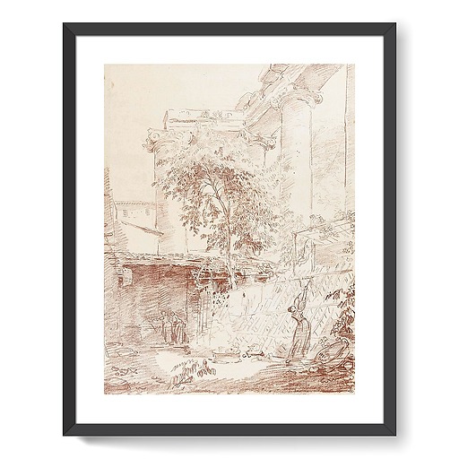 Woman hanging laundry in a courtyard (framed art prints)