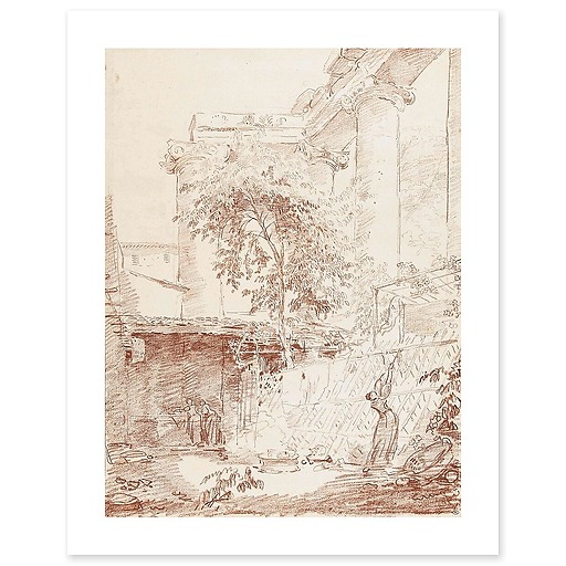 Woman hanging laundry in a courtyard (canvas without frame)
