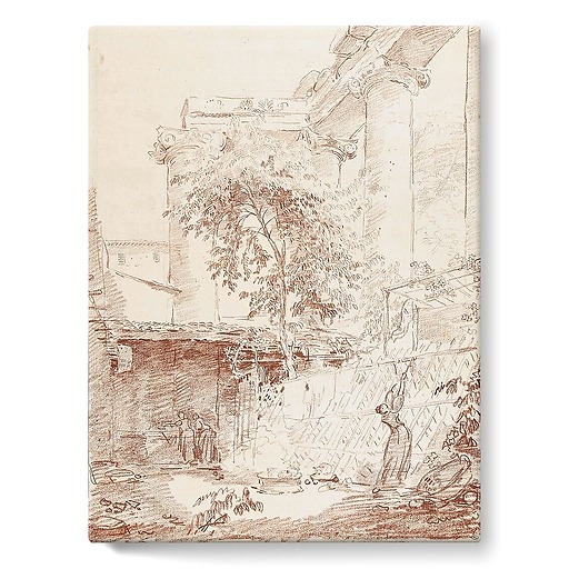 Woman hanging laundry in a courtyard (stretched canvas)