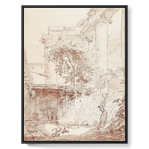 Woman hanging laundry in a courtyard (framed canvas)