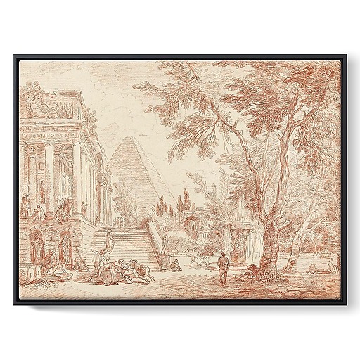 Palace and fountain in a park (framed canvas)