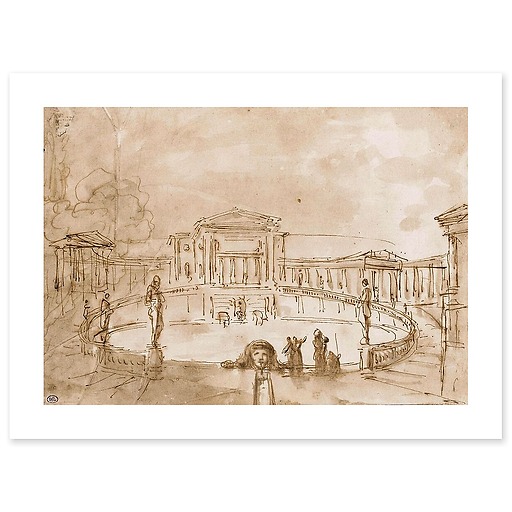 Large central pool surrounded by a balustrade, in the centre of a square (art prints)