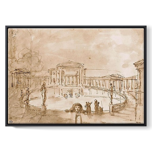 Large central pool surrounded by a balustrade, in the centre of a square (framed canvas)