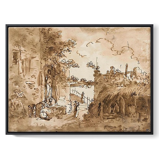 Picturesque courtyard with a fountain (framed canvas)