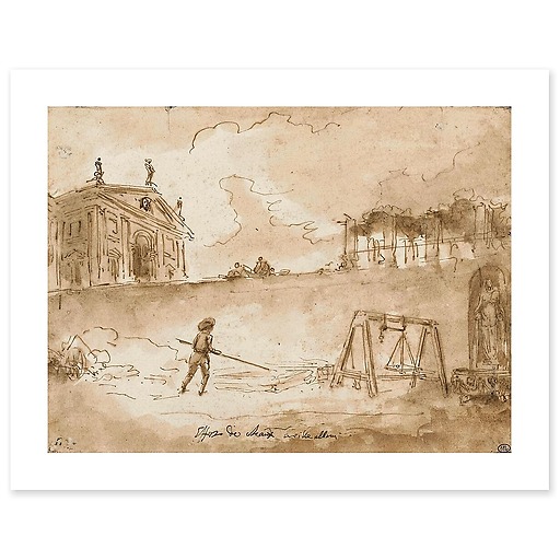 Man working with lime, in front of the Albani villa (art prints)