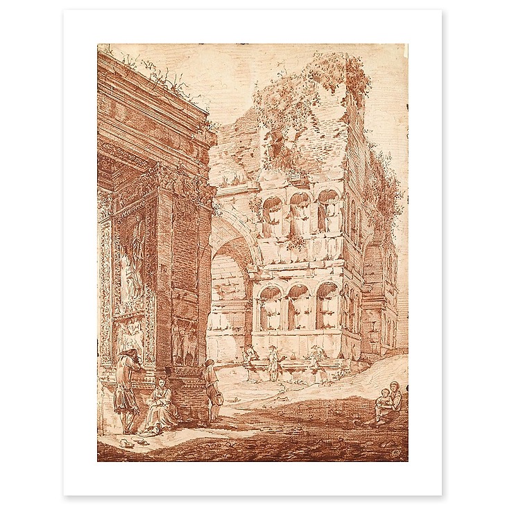Several people among ancient ruins (art prints)