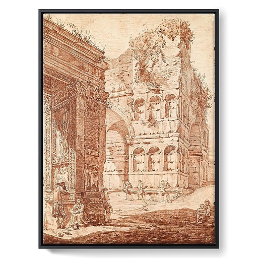 Several people among ancient ruins (framed canvas)