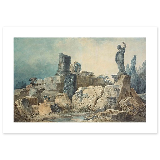 Two young women drawing in an ancient ruin site (art prints)