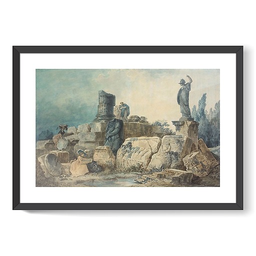 Two young women drawing in an ancient ruin site (framed art prints)