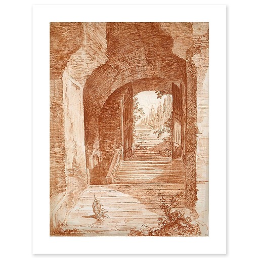 Staircase crossing a door under the arch of an ancient building (art prints)