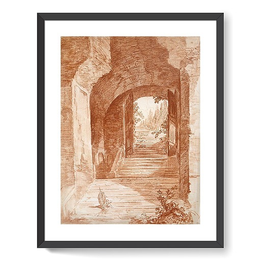 Staircase crossing a door under the arch of an ancient building (framed art prints)