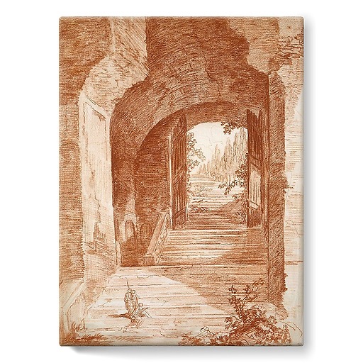Staircase crossing a door under the arch of an ancient building (stretched canvas)
