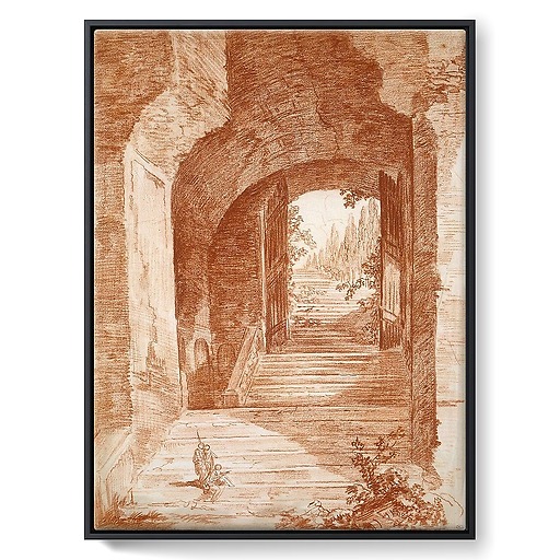 Staircase crossing a door under the arch of an ancient building (framed canvas)