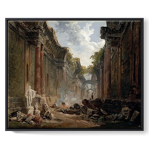 Imaginary view of the Great Gallery of the Louvre in ruins (framed canvas)