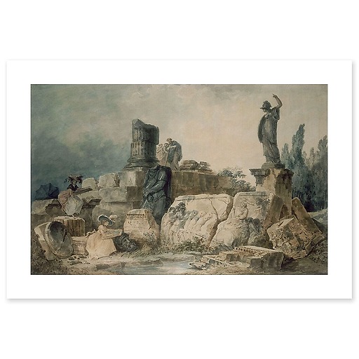 Two young women drawing in an ancient ruin site (art prints)
