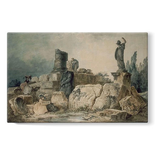Two young women drawing in an ancient ruin site (stretched canvas)