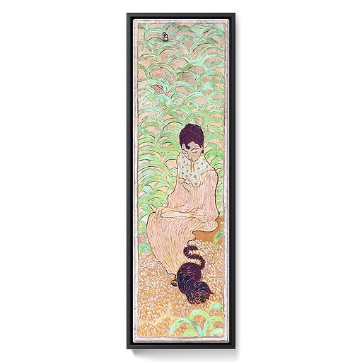 Woman sitting with a cat (framed canvas)