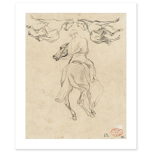 Jockey à cheval, vu de dos, et deux chevaux (toiles sans cadre)