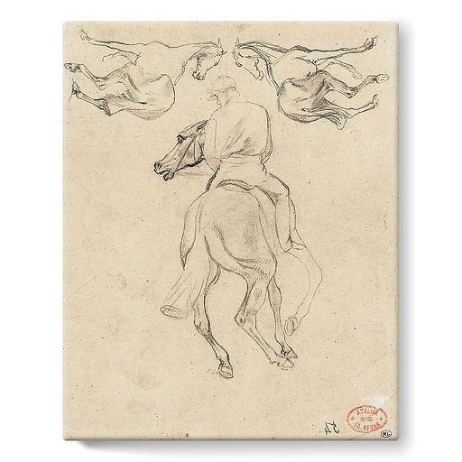 Jockey à cheval, vu de dos, et deux chevaux (toiles sur châssis)