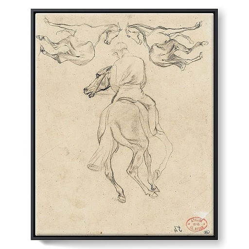 Jockey à cheval, vu de dos, et deux chevaux (toiles encadrées)