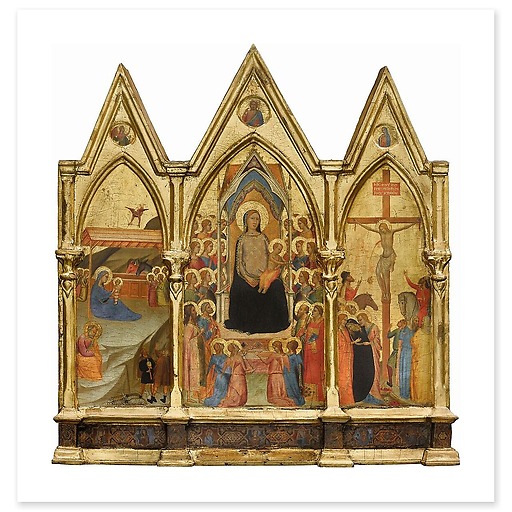 Tryptique fixe. Au centre : La Vierge et l'Enfant entourés de vingt anges et de quatre saints (Jean-Baptiste, Pierre, Paul et Laurent [']), à gauche : La Nativité, à droite : La Crucifixion (affiches d'art)