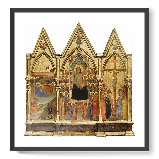 Tryptique fixe. Au centre : La Vierge et l'Enfant entourés de vingt anges et de quatre saints (Jean-Baptiste, Pierre, Paul et Laurent [']), à gauche : La Nativité, à droite : La Crucifixion (framed art prints)