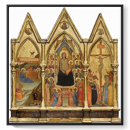Tryptique fixe. Au centre : La Vierge et l'Enfant entourés de vingt anges et de quatre saints (Jean-Baptiste, Pierre, Paul et Laurent [']), à gauche : La Nativité, à droite : La Crucifixion (framed canvas)