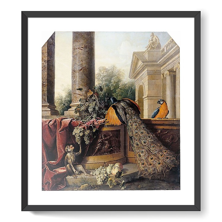 Paon, singe, fruits et bas-relief (framed art prints)