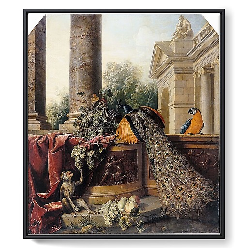 Paon, singe, fruits et bas-relief (framed canvas)