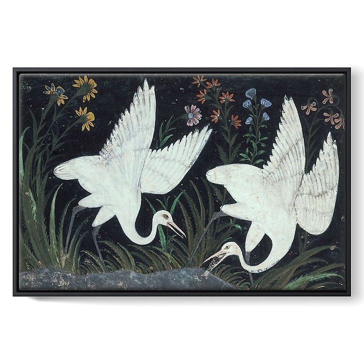 Deux grues au bord d'un étang (framed canvas)