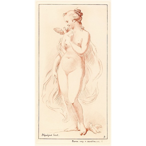Standing naked woman with a dove on her shoulder